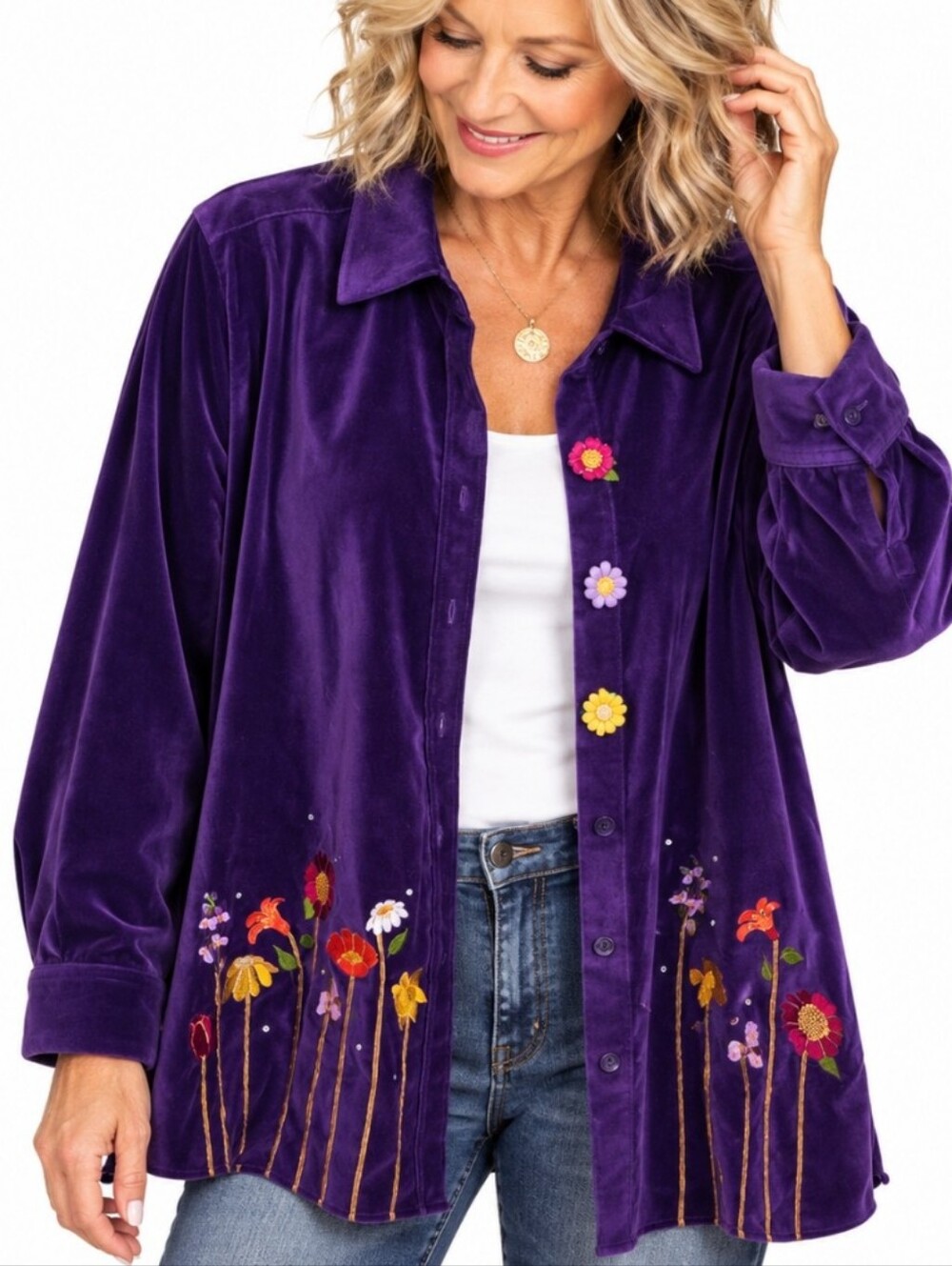 Quacker Factory Large Purple Velvet Embroidered Floral Decorative Shirt Jacket